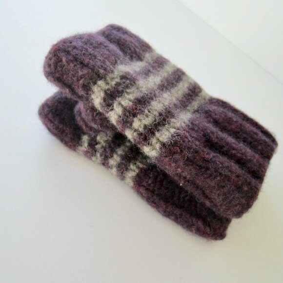 Handmade 🇨🇦 NWOT Wool Felt Fingerless Mittens - Purple and Grey Stripes - Picture 5 of 7